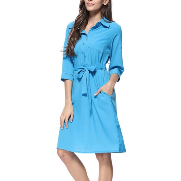 Dresses & Skirts - NWT Sky Blue Button Down Collared Tie Shirt Dress